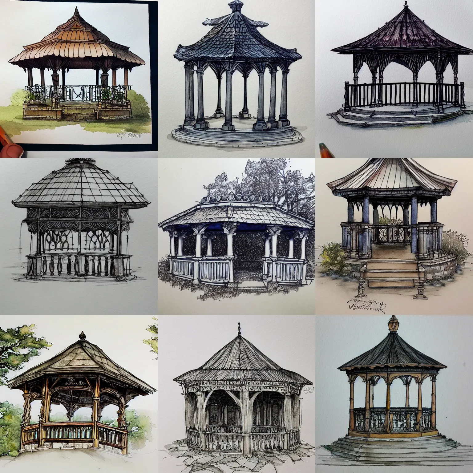 Prompt: beautiful aesthetic inspirational masterful professional ink pen and watercolor sketch of a fantasy gazebo, ultra detailed, fine details, trending on artstation, high quality paper