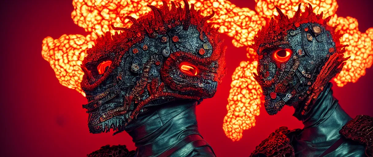 Image similar to hyperrealist highly detailed english medieval portrait of high fashion monster wearing flame fire smoke flame armor, radiating atomic neon corals, veiny network growth with neon magmapattern, concept art pascal blanche dramatic studio lighting 8k wide angle shallow depth of field