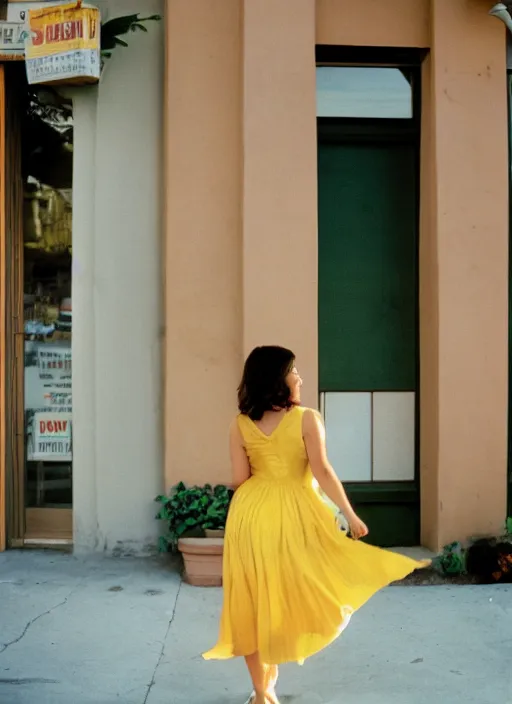 Image similar to a beautiful brown hair woman in a yellow sun dress in downtown Los Angelas, 50mm lens, Kodak Portra 400 film