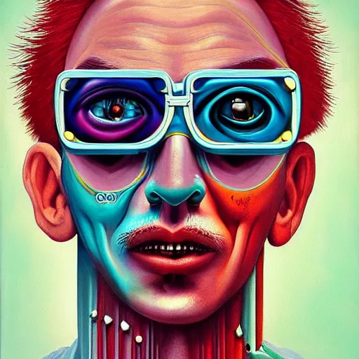 Prompt: a painting of a man with a weird face, cyberpunk art by ron english, featured on cgsociety, pop surrealism, grotesque, bryce 3 d, anaglyph effect