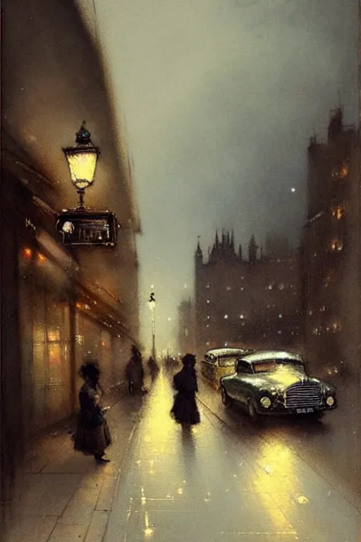 Image similar to (((((1950s london street at night with dramatic lighting. muted colors.))))) by Jean-Baptiste Monge !!!!!!!!!!!!!!!!!!!!!!!!!!!