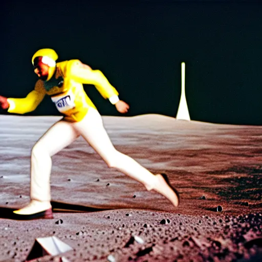 Image similar to usain bolt racing on the moon, lunar lander in background, kodachrome film