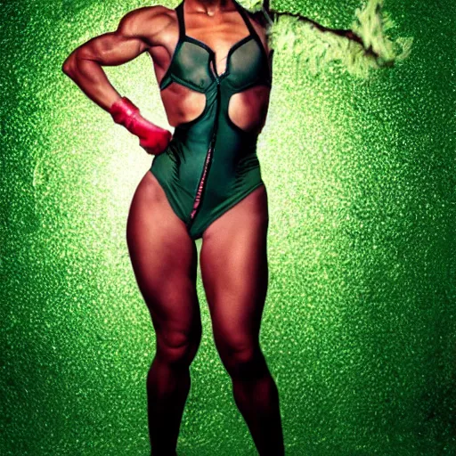 Prompt: muscular woman in a Motal Kombat Costune of Pikachu, performing burlesque, dark green background, photo by Annie Liebovitz