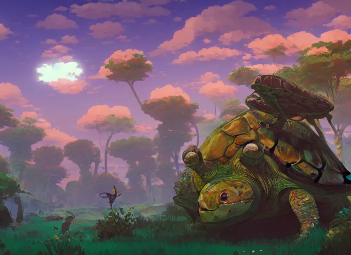 Image similar to concept art of a turtle landscape made of turtles, cel shaded, in the style of makoto shinkai and moebius and peter mohrbacher and anton fadeev