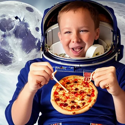 Image similar to an astronaut eating pizza in space with the moon in the background