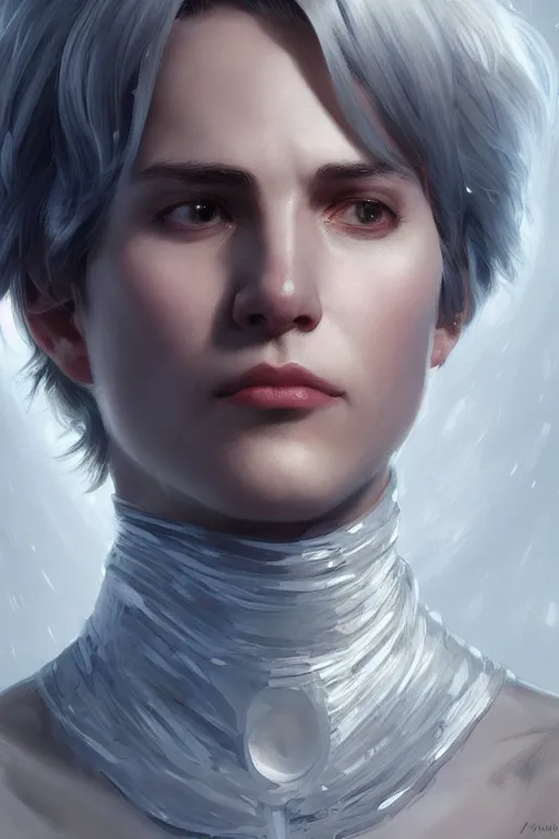 Image similar to science-fiction character portrait of Victor Nikiforov, short silver hair, tall, elegant, highly detailed, digital painting, artstation, upper body, concept art, smooth, sharp focus, illustration, art by artgerm and greg rutkowski and alphonse mucha