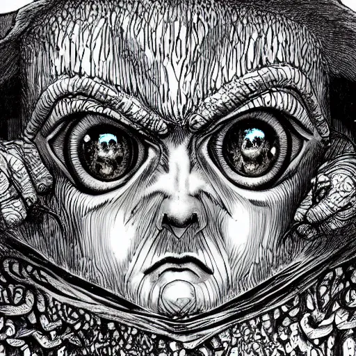 Prompt: the hills have eyes by kentaro miura, hyper-detailed