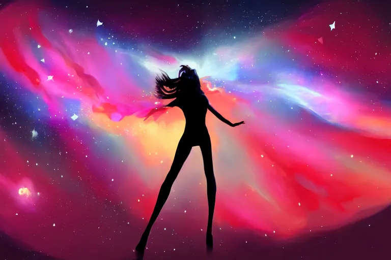 Prompt: silhouette of a girl floating up with limp arms and legs, long hair, she's exploding into incredible stars and nebula, dramatic digital painting, trending on artstation