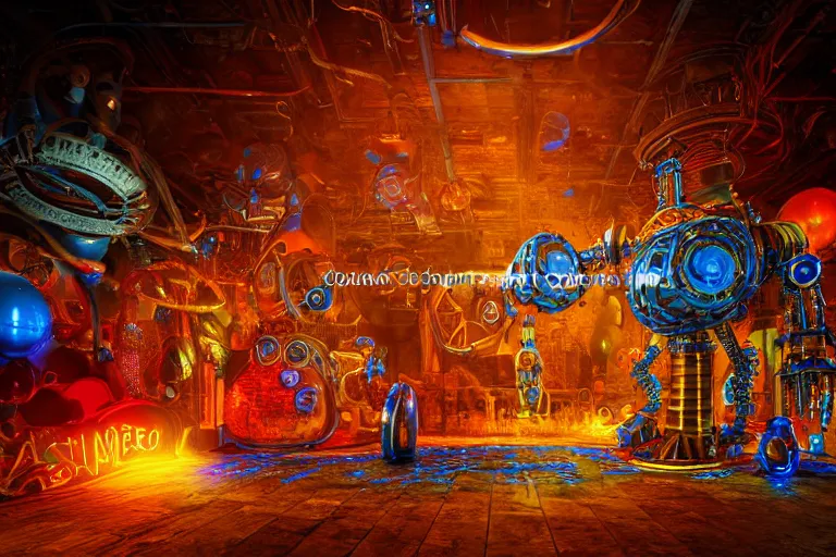 Image similar to scene is fiesta espuma in amnesia ibiza, portrait photo of a giant huge golden and blue metal steampunk robot, with gears and tubes, eyes are glowing red lightbulbs, shiny crisp finish, 3 d render, 8 k, insaneley detailed, fluorescent colors, haluzinogetic, background is multicolored lasershow