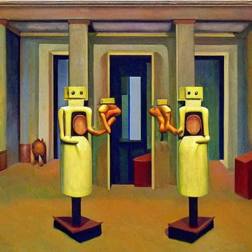 Image similar to robot druids in a grandiose atrium, grant wood, pj crook, edward hopper, oil on canvas