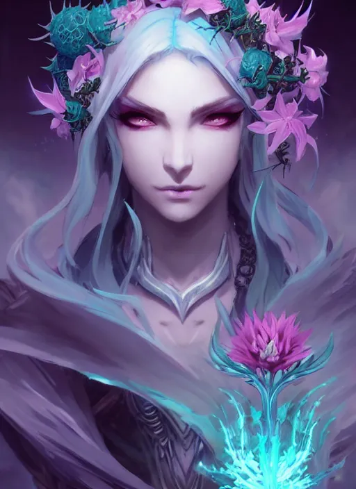 Prompt: beautiful necromancer with aqua and mist magic, surrounded by thorns and lilies. attarctive face, anime key visual, highly detailed, sharp focus, concept art, league of legends, style by shumolly and monable and artgerm and greg rutkowski and zeronis and pilyeon and ruan jia