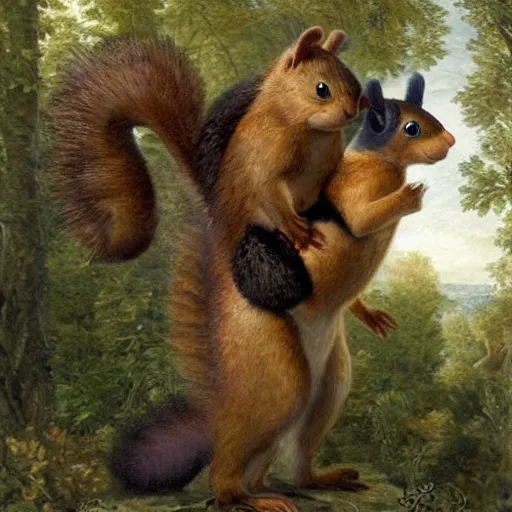 Image similar to a giant fluffy squirrel carrying napoleon bonaparte on its back, by sophie anderson