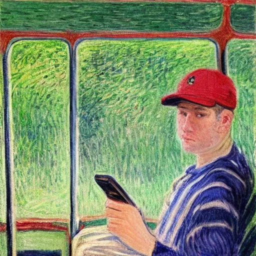 Image similar to guy with baseball hat and striped shirt siting in a bus and looking at his smartphone by monet