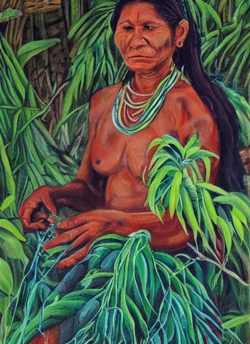 Prompt: a beautiful painting of an indigenous female doing crafting of a fabric in the jungle, realistic face, ayahuasca