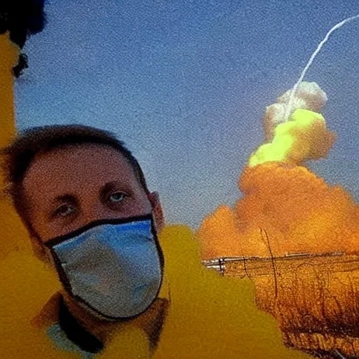 Image similar to a selfie of a ukrainian on the background of a nuclear explosion in yellow - blue rags shoots himself in the head to die a less painful death