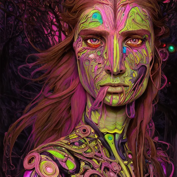 Prompt: bright psychedelic portrait of organic cyborg covered in mud in an ancient forest, diffuse lighting, fantasy, intricate, elegant, highly detailed, lifelike, photorealistic, digital painting, artstation, illustration, concept art, smooth, sharp focus, art by John Collier and Albert Aublet and Krenz Cushart and Artem Demura and Alphonse Mucha