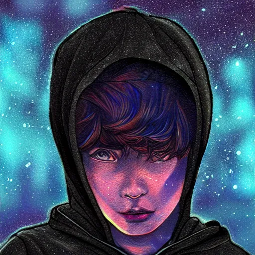 Prompt: boy wearing a black hoodie, flying in galaxy, lo-fi style, digital art, trending on ArtStation, detailed,