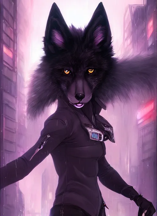Prompt: award winning beautiful portrait commission art of a male furry anthro black fox fursona with a tail and a cute beautiful attractive detailed furry face wearing stylish cyberpunk clothes in a cyberpunk city at night while it rains. Character design by charlie bowater, ross tran, artgerm, and makoto shinkai, detailed, inked, western comic book art