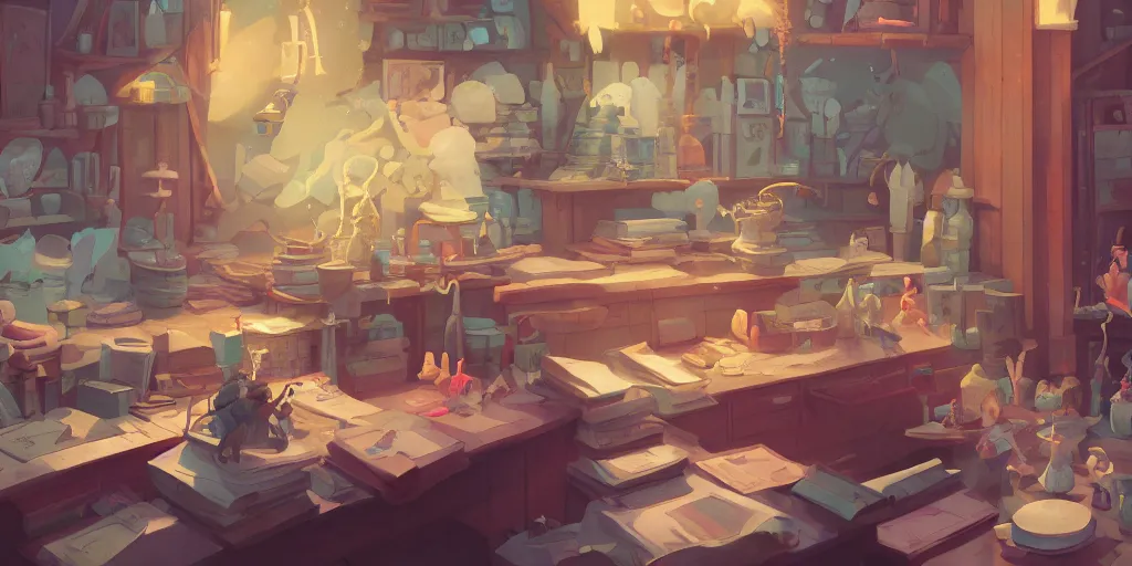 Prompt: magician's workshop, detailed, potions, scrolls, arcane books, cory loftis, james gilleard, atey ghailan, makoto shinkai, goro fujita, studio ghibli, rim light, exquisite lighting, clear focus, very coherent, plain background, soft painting