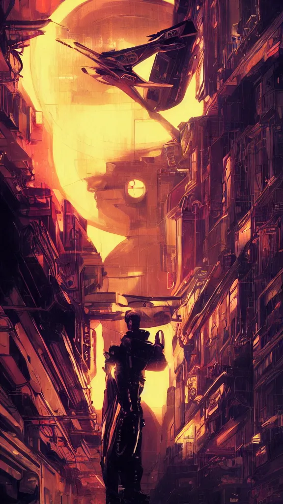 Prompt: concept art, retro - futurist pilot portrait, imperious, heroic, dramatic neon lighting, high contrast, backlit, eerie, mysterious, bladerunner, by gerald brom, james jean, syd mead, akihiko yoshida, cinematic