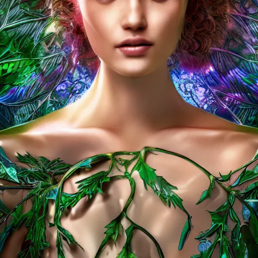 Image similar to a highly detailed ethereal full body digital image of a elegantly posed dancing futuristic woman beautifully intertwined in realistic chrome leafy foliage dress liquid like leaves, full body shot, by Andrew Chiampo, artstation, and Frederik Heyman, extremely detailed woman, stunning volumetric lighting, hyper realism, fantasy, intricate detail, 4k,