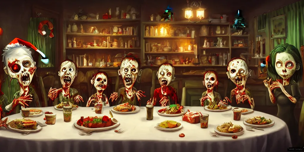 Image similar to a zombie family christmas diner, wide angle, super highly detailed, professional digital painting, artstation, concept art, smooth, sharp focus, no blur, no dof, extreme illustration, unreal engine 5, photorealism, hd quality, 8 k resolution, cinema 4 d, 3 d, beautiful, cinematic, art by tim burton