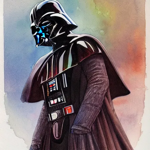 Prompt: a beautifull intricate watercolour painting of darth vader, reflexions, verry high details by william turner art, greg rutkowski and alphonse mucha, trending on artstation, very very detailed, masterpiece, muted colors