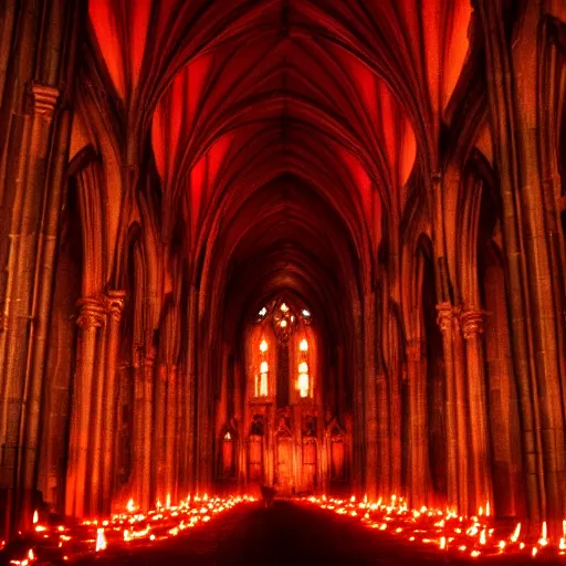 Image similar to A dark cathedral made up of red sandstone lit up by a torches. In the middle of the cathedral is a bonfire surrounded by cultists in red hoods. Their backs facing towards the camera. Dream like.