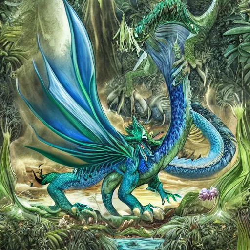 Prompt: A green, blue dragon with an elegant and long body and wolflike face, fur on its body and leathery wings, sitting on a clearing in a flowery, jungle, full body, detailed, mtg, epic, serene