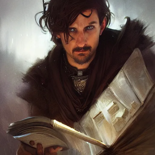 Prompt: closeup portrait of an artificer, male, dark hair, wizard, serious face, dungeons and dragons character, dramatic lighting, castle background, gorgeous view, realistic, high detail, digital art, painted by greg rutkowski, painted by jeremy mann, painted by alphonse mucha, trending on artstation