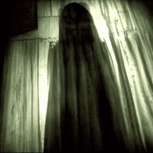 Prompt: film footage of a spirit of insidious, the conjuring, paranormal activity, blair witch, transparent creepy, sinister, dark atmosphere, horror