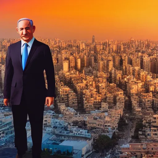 Image similar to portrait of Benjamin Netanyahu, Tel-Aviv skyline background, rich vivid colors, ambient lighting, dynamic lighting, 4k, HQ, official media, detailed, trending on artstation