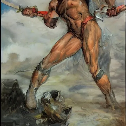 Prompt: by Frank Frazetta style, barbarian with extraordinary muscle structure with long sword, wide view, deep depth of field, denoise