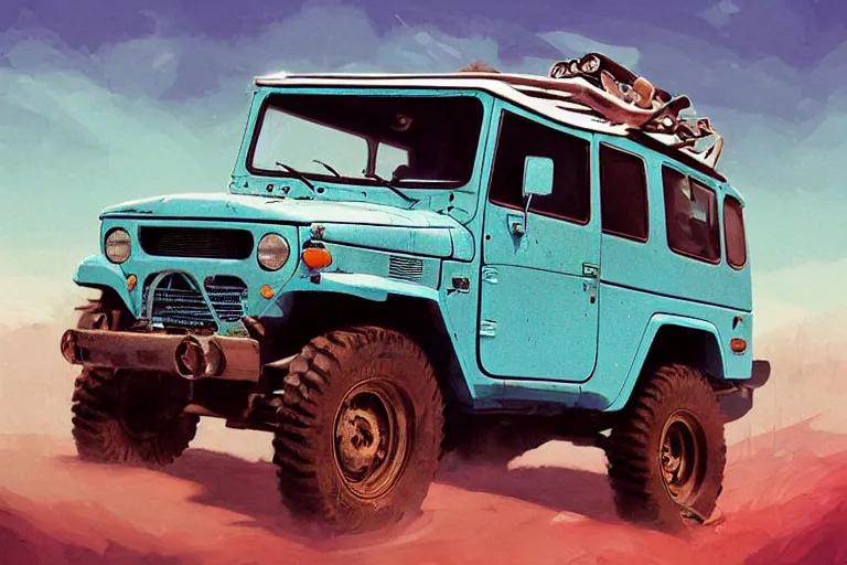 Image similar to digital illustration of a faded cyan mad max's fj 4 0 decrepit!!!! pursuit special, rusty!!! nissan fj cruiser heavily modded 1 9 9 0 s, the last v 8 interceptor by makoto shinkai, ilya kuvshinov, lois van baarle, rossdraws, basquiat