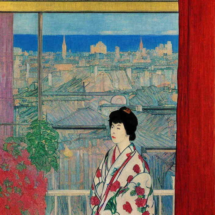 Image similar to portrait of woman in colourful kimono, white cat and house plant with city with gothic cathedral seen from a window frame with curtains. cloudy sunset. bonnard, henri de toulouse - lautrec, rene magritte, utamaro, matisse, monet