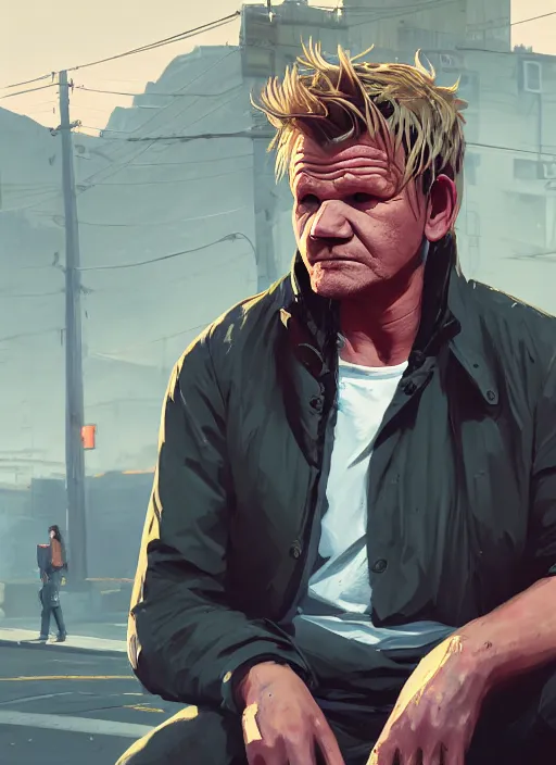 Image similar to Highly detailed full-body portrait of homeless Gordon ramsay, in GTA V, Stephen Bliss, unreal engine, fantasy art by Greg Rutkowski, Loish, Rhads, Makoto Shinkai and Lois van baarle, ilya kuvshinov, rossdraws global illumination, radiant light, detailed and intricate environment