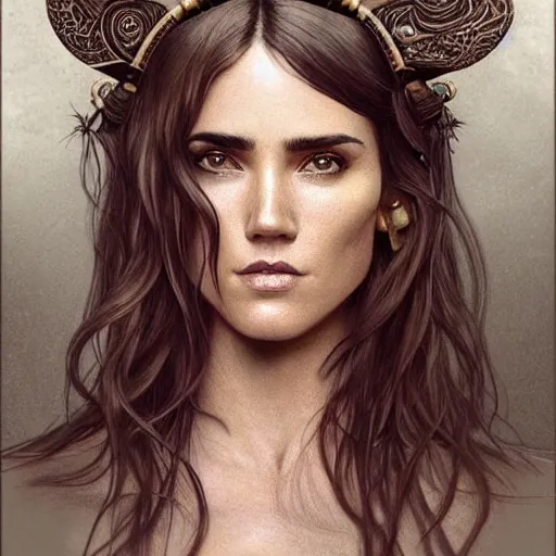 Prompt: an attractive young tattooed south female with piercings!!! wearing an lion helmet, jennifer connelly, olive skin, long dark hair, beautiful bone structure, intricate, elegant, highly detailed, digital painting, artstation, concept art, smooth, sharp focus, illustration, art by artgerm and greg rutkowski and alphonse mucha