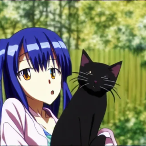 Prompt: Screenshot of Rika from the anime Higurashi no Naku Koro Ni petting a cat, Rika is petting a cute black cat, detailed eyes, detailed face