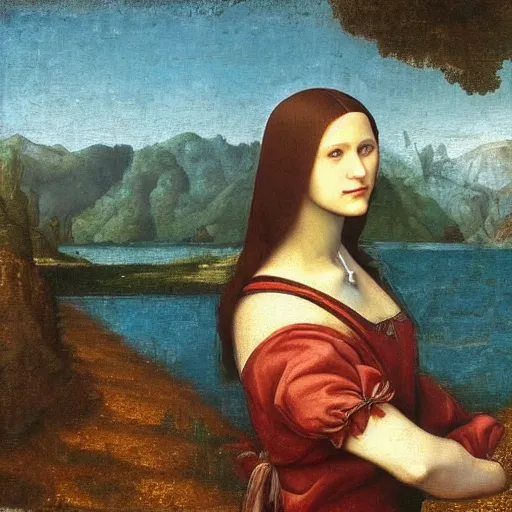 Image similar to portrait of a beautiful woman at a lake, oil painting by Da Vinci