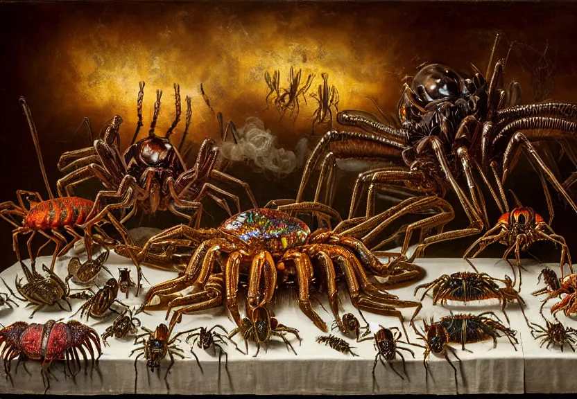 Prompt: an opulent banquet of food on a table covered with colorful jumping spiders and iridescent hissing cockroaches and huge spiky hermit crabs. magical glowing smoke drifts through the room. iridescent giger ’ s xenomorph. iridescent the thing. reclaimed lumber, detailed and intricate environment, hyperrealism, food photography, rembrandt