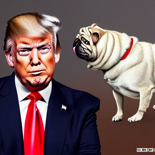 Image similar to trump as a dog. a pug president of the usa. president of the us. in the oval. amazing painting. formal. beautiful. high resolution. highly realistic. close - up. trending on artstation