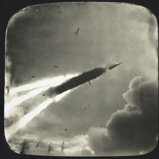 Image similar to 1800s camera obscura photography of a heavily armed zeppelin firing missiles into a city which is in flames
