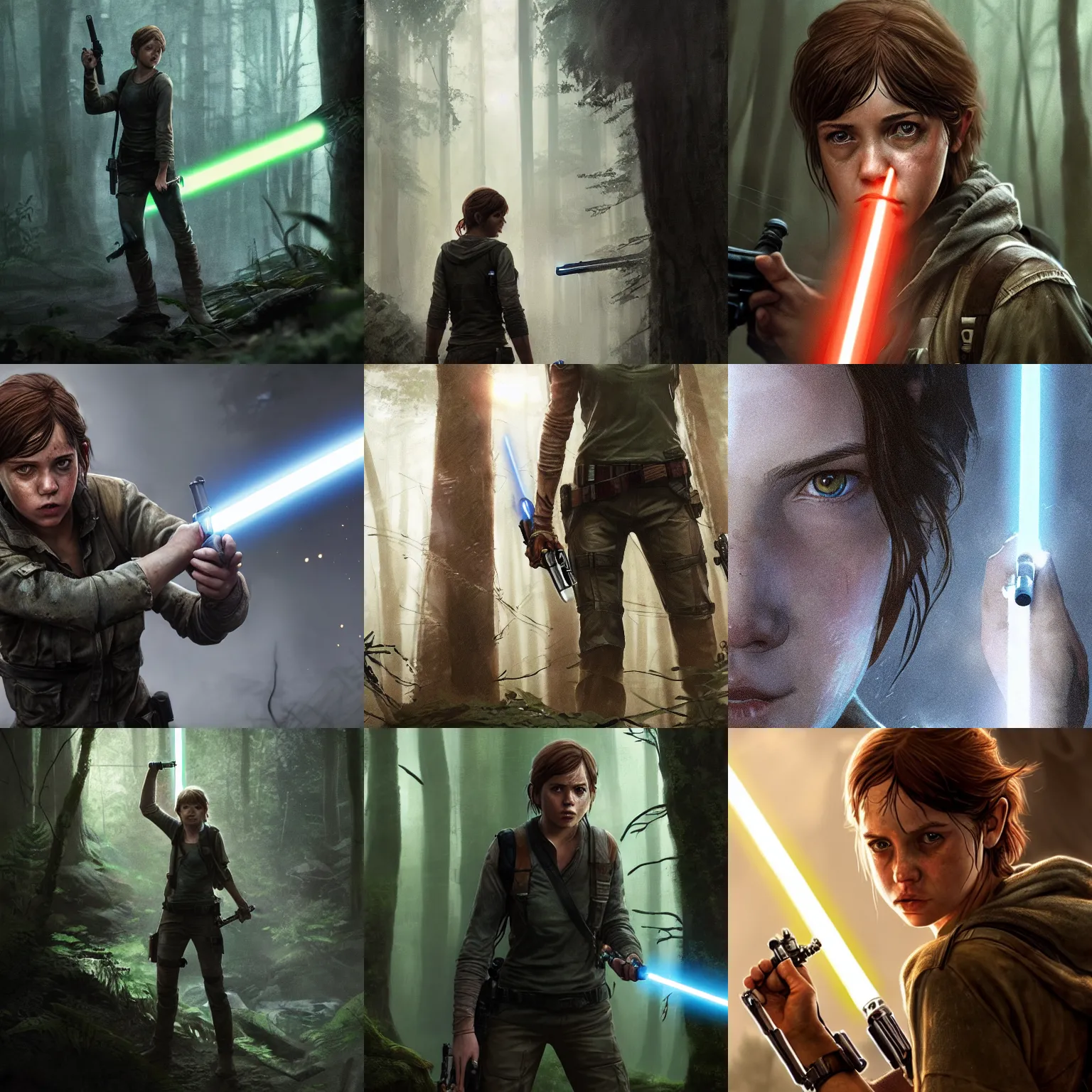 Prompt: Ellie from the Last of Us as Luke Skywalker on Dagobah, holding a lightsaber, digital portrait by Greg Rutkowski, intricate, sharp focus, cinematic, epic, artstation