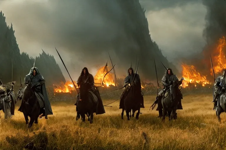 Image similar to film still of 3 Nazgûl, swords drawn, chasing hobbits through the shire as it burns, epic composition, intricately detailed, physically based render, screenshot from Lord of the Rings