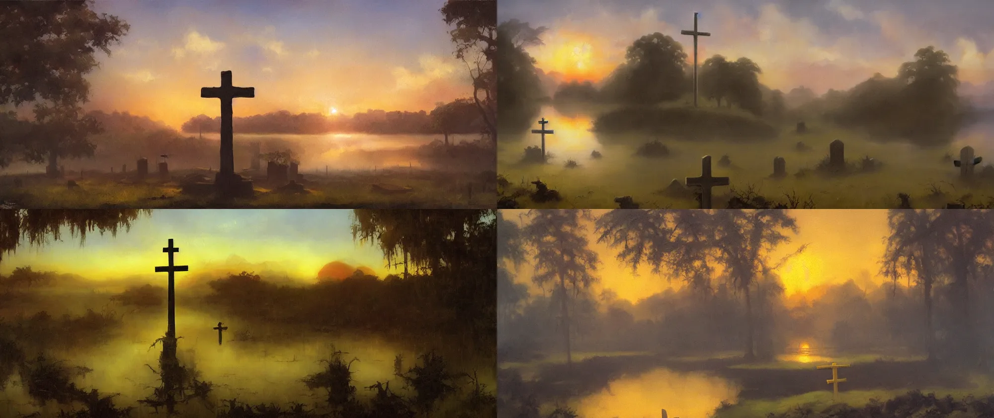 Prompt: single cross in moody foggy graveyard in lake in jungle with backlight , sunset oil painting panorama by frazetta