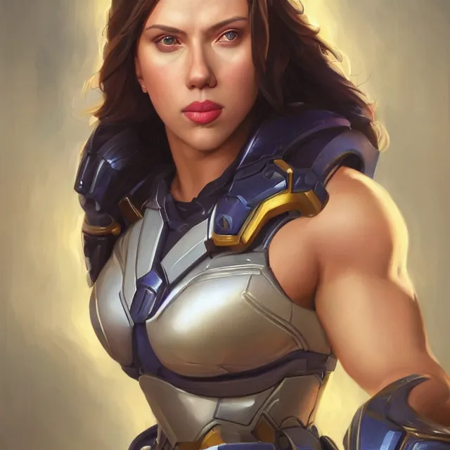 Prompt: detailed portrait of scarlett johansson as a female bodybuilder pharah from overwatch, attractive, beautiful, fantasy, intricate, elegant, highly detailed, digital painting, artstation, concept art, matte, sharp focus, illustration, art by aenaluck, artgerm and roberto ferri and greg rutkowski, epic fantasy, digital painting