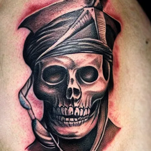 Image similar to realism tattoo design of a pirate ship, by Matteo Pasqualin tattoo artist