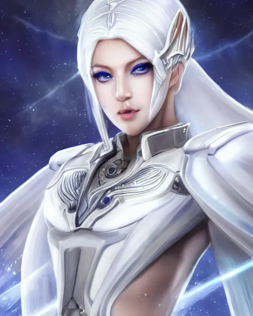 Image similar to perfect white haired egyptian goddess wearing white dove wings, warframe armor, regal, attractive, ornate, sultry, beautiful, ice queen, half asian, pretty face, blue eyes, detailed, scifi platform, 4 k, ultra realistic, epic lighting, android body, masterpiece, art by akihito tsukushi, voidstar, artgerm