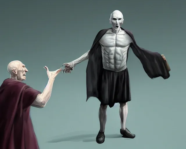 Prompt: Voldemort as a Sainsbury bag boy getting shouted at by an old woman, concept art, artstation