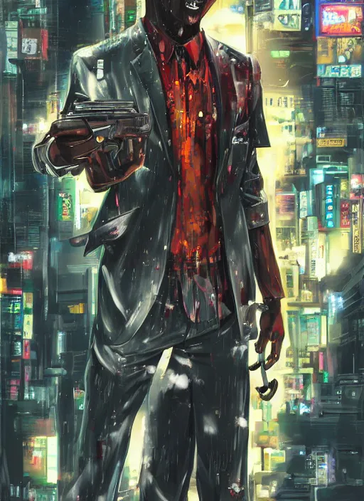 Prompt: manga cover, bloodied bald african-american man holding a gun, business suit, intricate cyberpunk city, emotional lighting, character illustration by tatsuki fujimoto